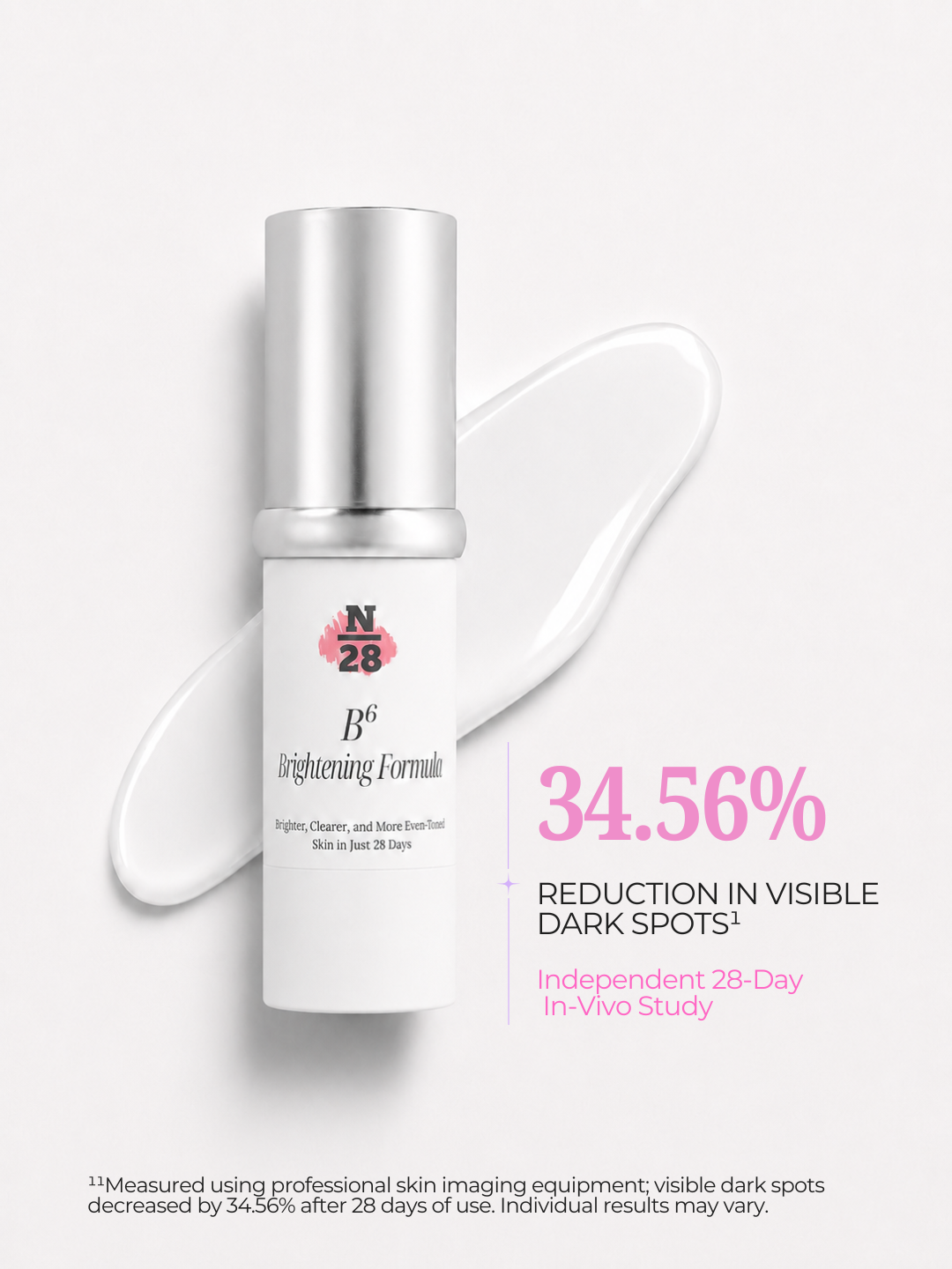 28N B⁶ Brightening Formula showing 34.56% reduction in visible dark spots after 28 days
