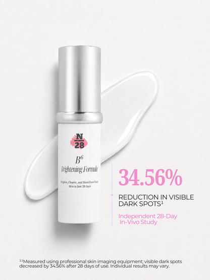 28N B⁶ Brightening Formula showing 34.56% reduction in visible dark spots after 28 days